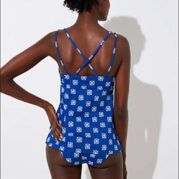 LOFT BEACH BLUE & WHITE CROSS BACK TANKINI HIGH CUT SWIMSUIT SET SIZE XL NWT - Picture 2 of 11